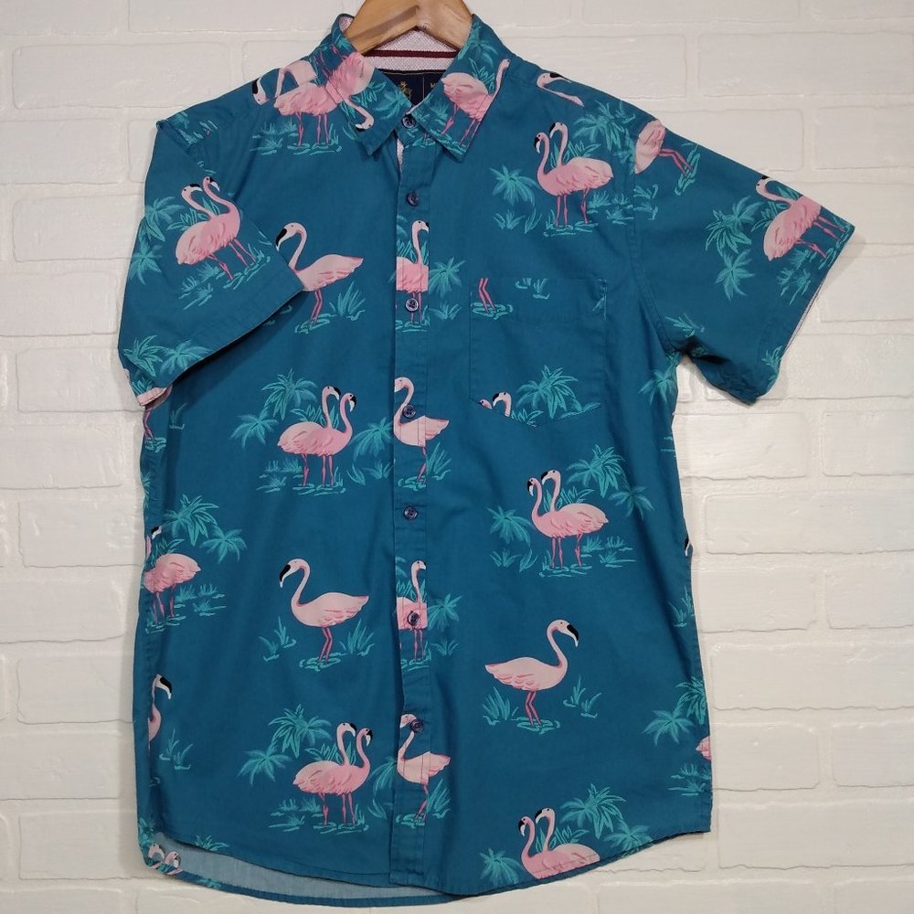 Rugby University men's blue tropical flamingo print Hawaiian short sleeve shirt